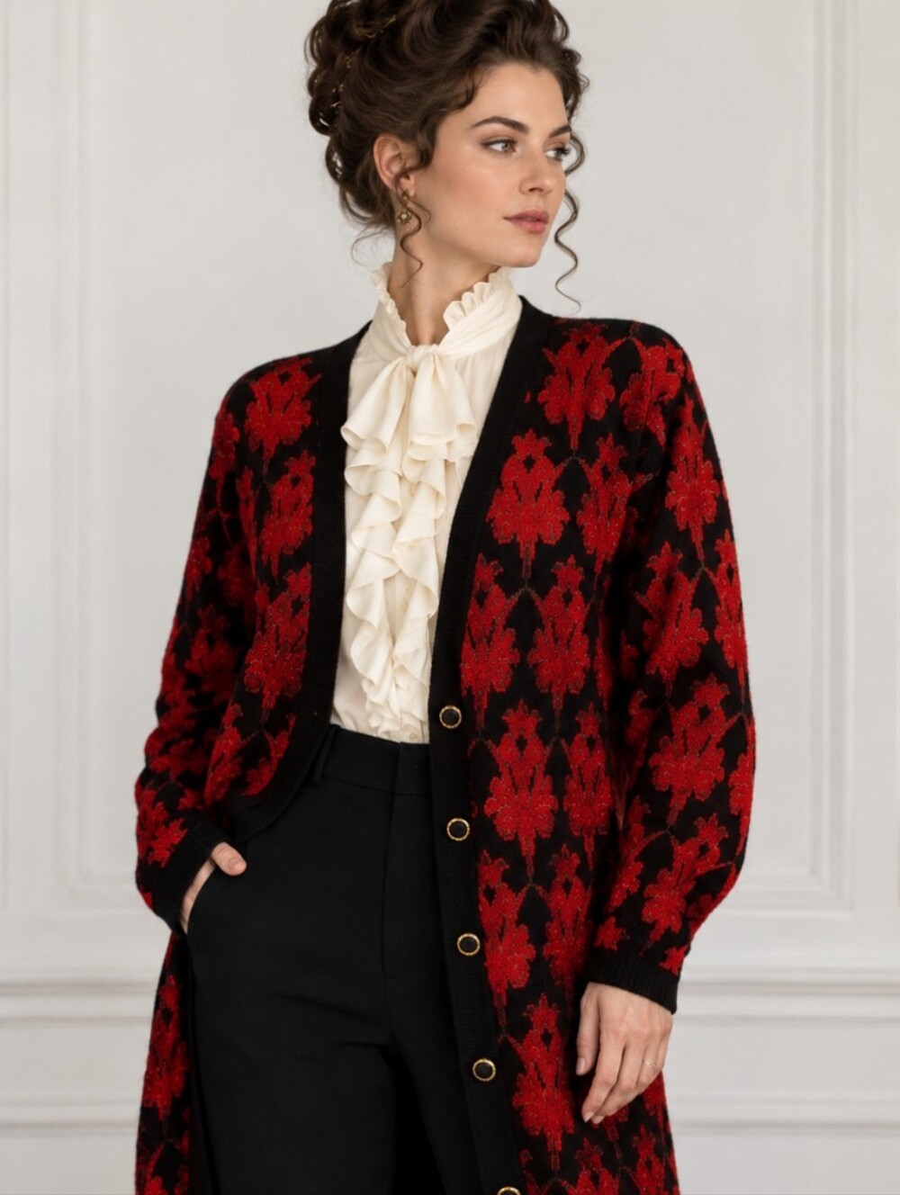 Vtg 90s Knit Cardigan red black patterned long Wool Blend Maximalist Regency M